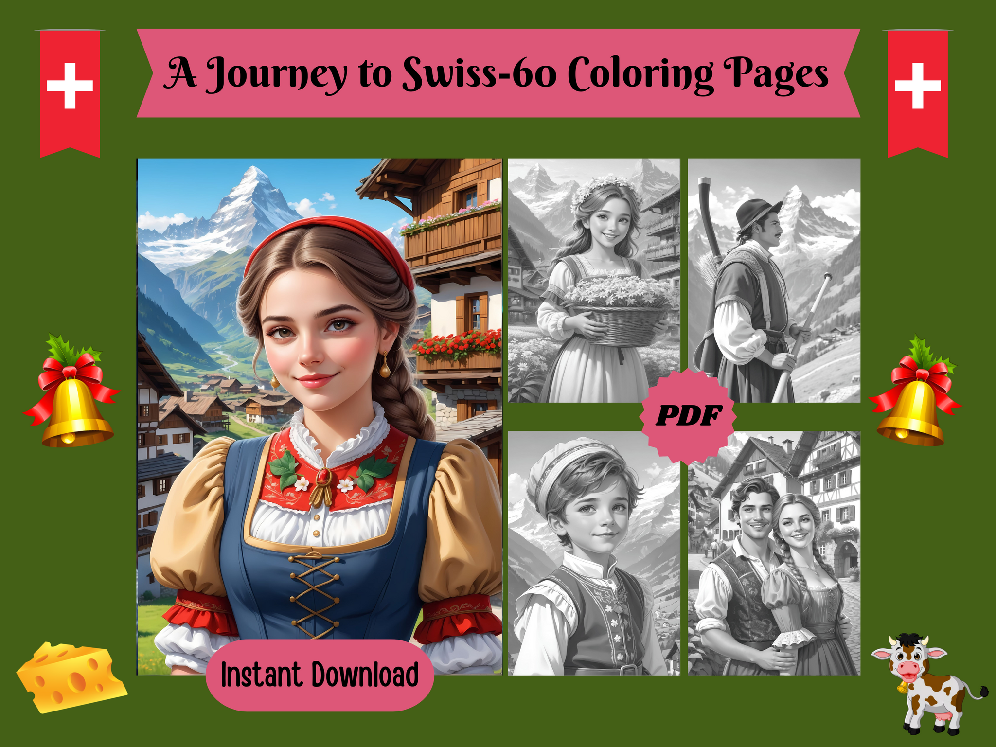 A Journey to Switzerland-60 Printable Grayscale Coloring Pages, Digital download