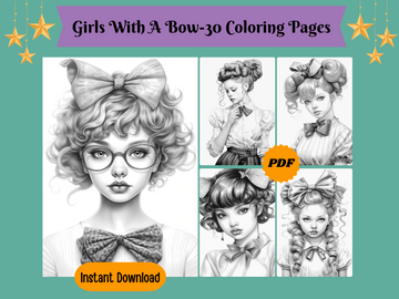 Girls With A Bow Grayscale Printable Coloring Pages For Adults & Kids