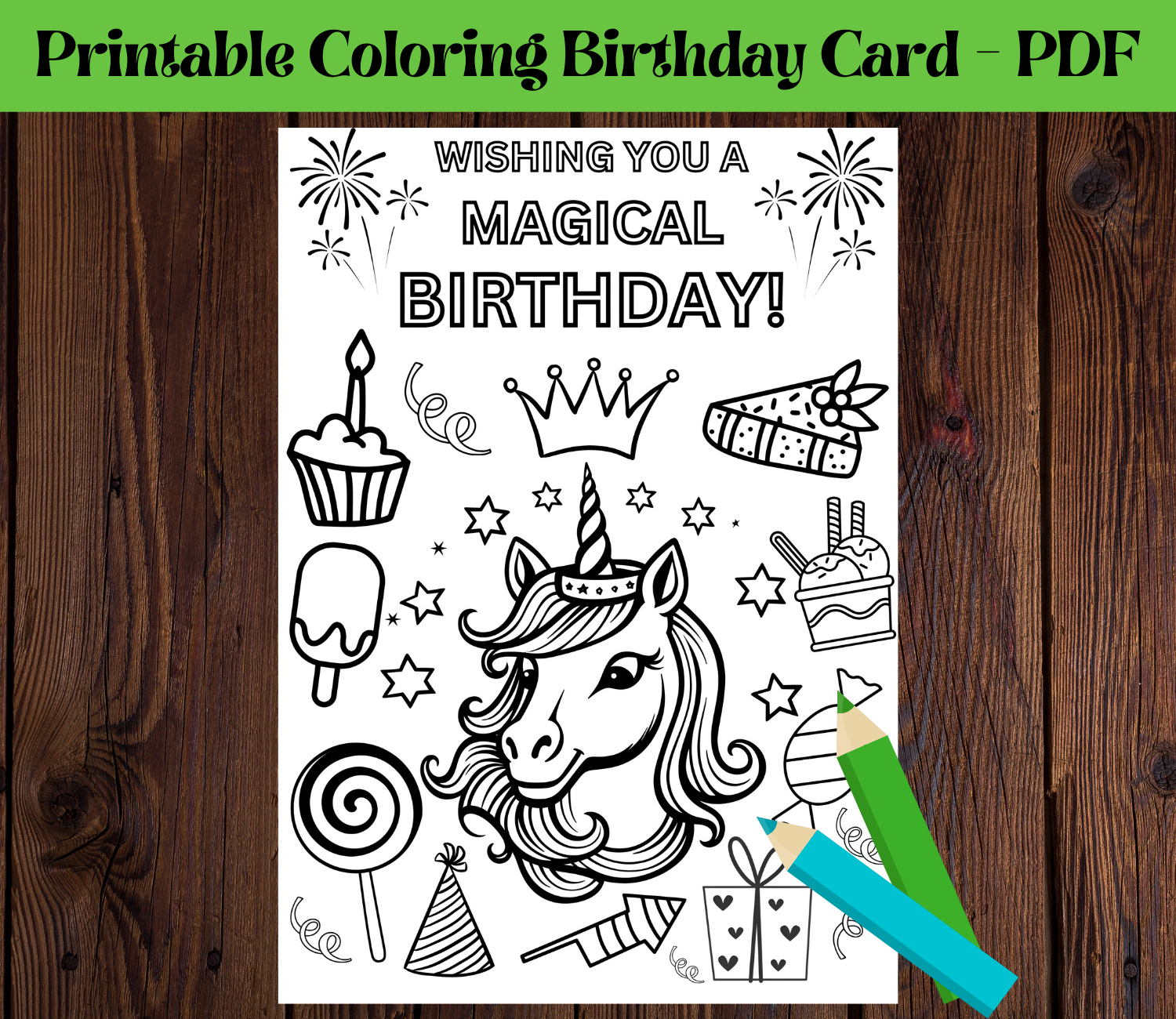 Printable Unicorn Coloring  Birthday Greeting Card, DIY Card