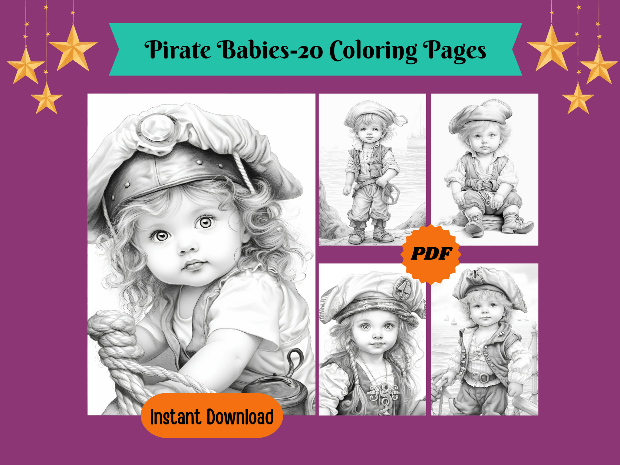 Ahoy Matey! Cute Little Pirate Babies Grayscale Coloring Pages For Adults & Kids