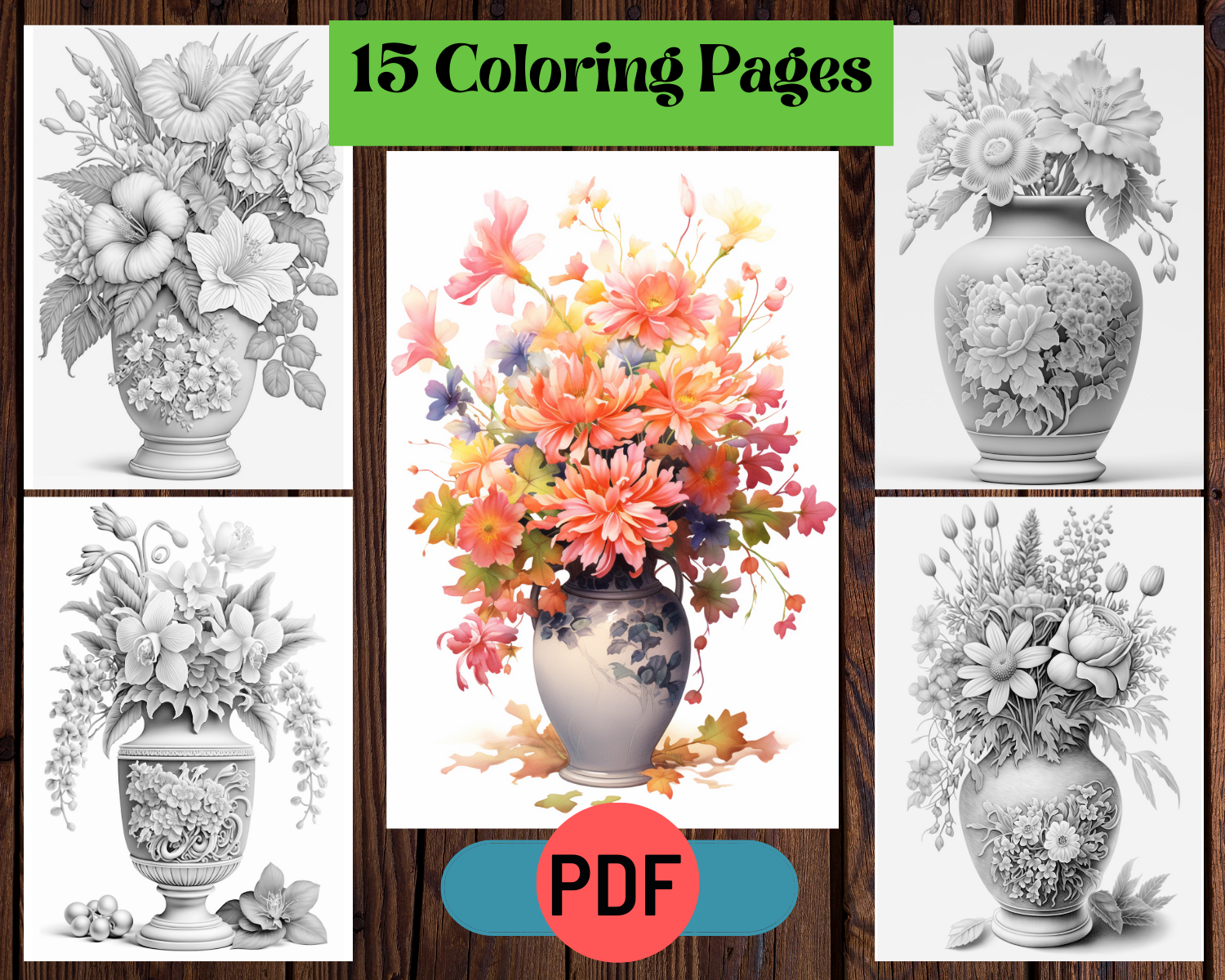 Flower Vase Bouquets Grayscale Printable Coloring Pages For Adults & Kids