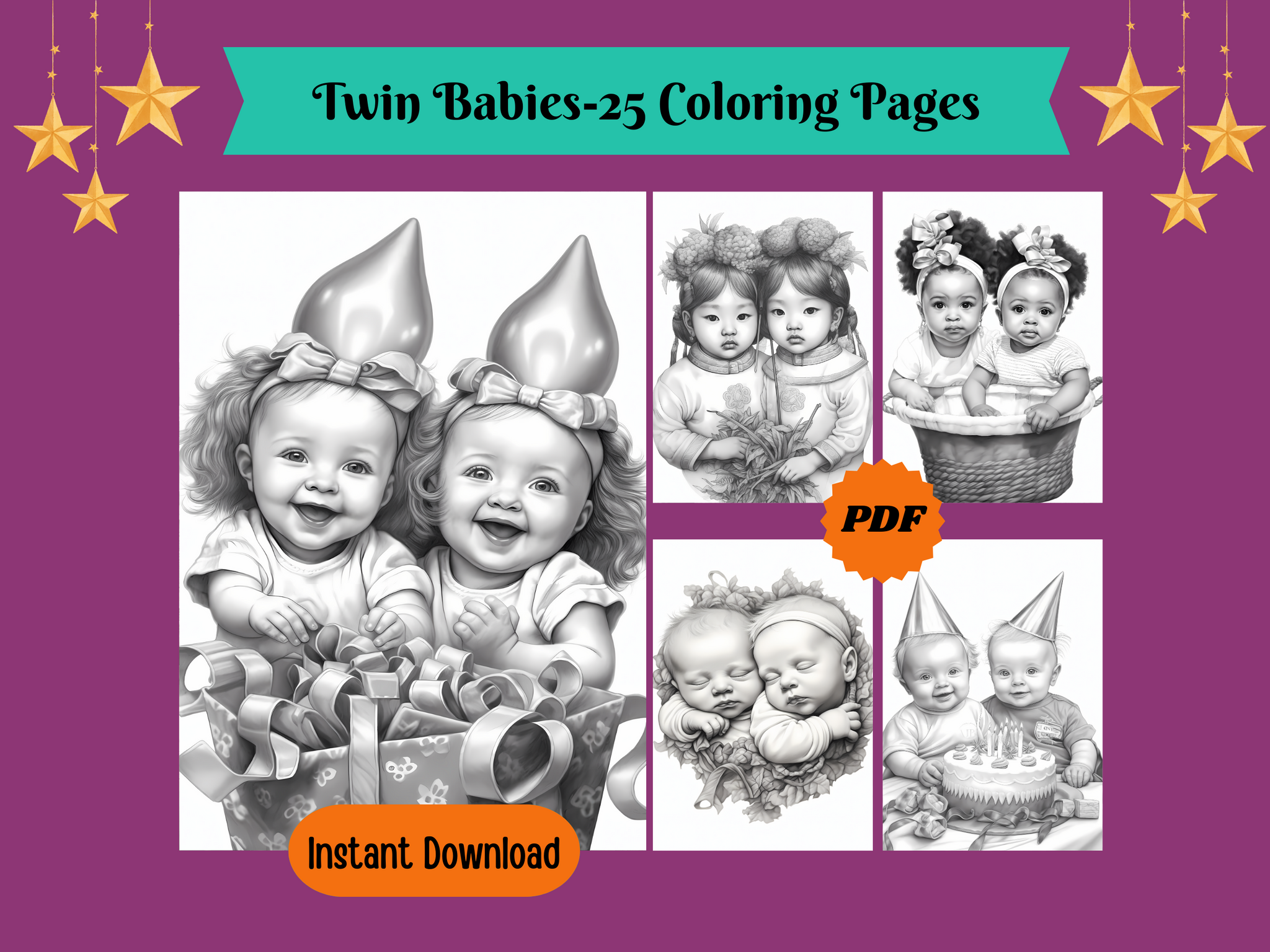 Adorable Twin Babies Grayscale Coloring Pages