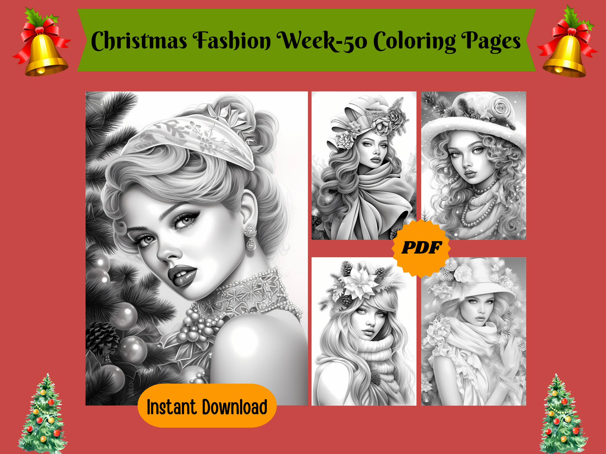50 Christmas Fashion Week-Printable Grayscale Coloring Pages, Digital download