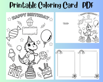Printable Dinosaur Coloring Birthday Greeting Card For Kids, DIY Birthday Gift