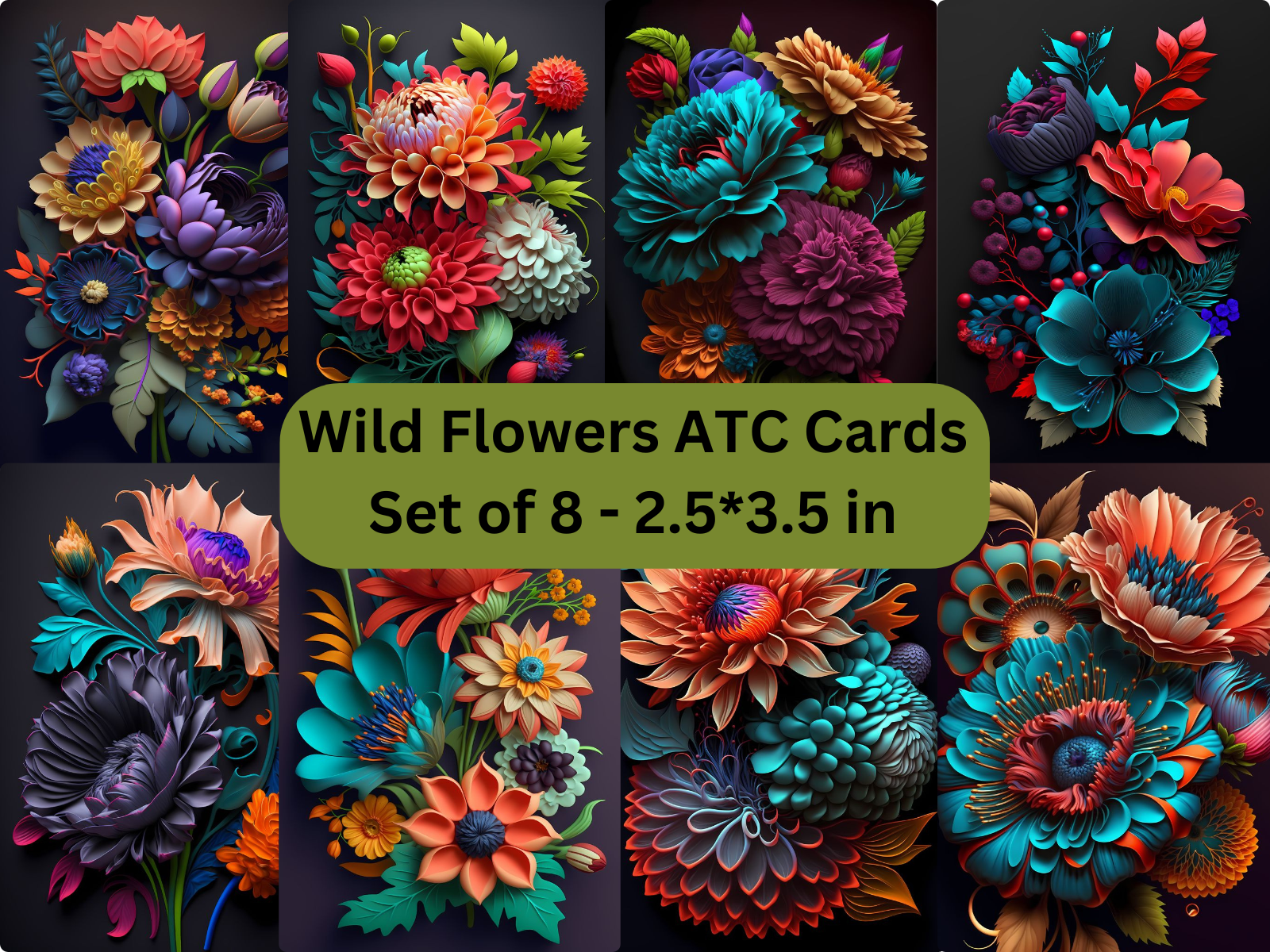 Wild Flowers ATC Cards, Set Of 8, Digital Download