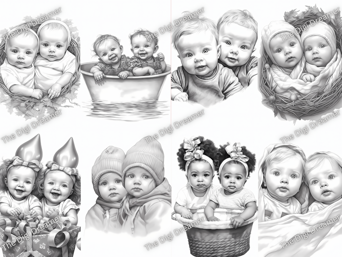 Adorable Twin Babies Grayscale Coloring Pages
