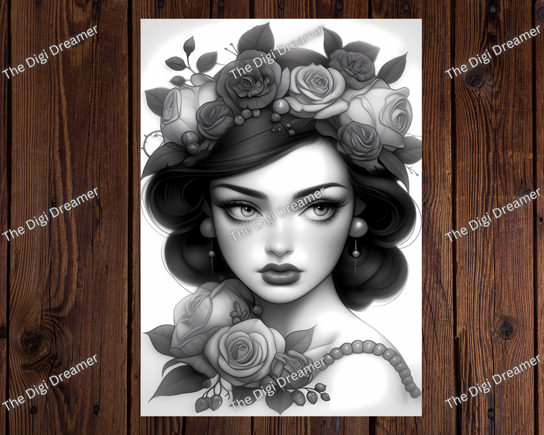 Beautiful Girl With Roses Grayscale Coloring Page For Adults & Kids