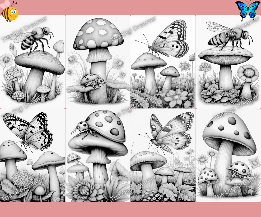 Bugs and Mushrooms-Grayscale Printable Coloring Pages, Digital Download