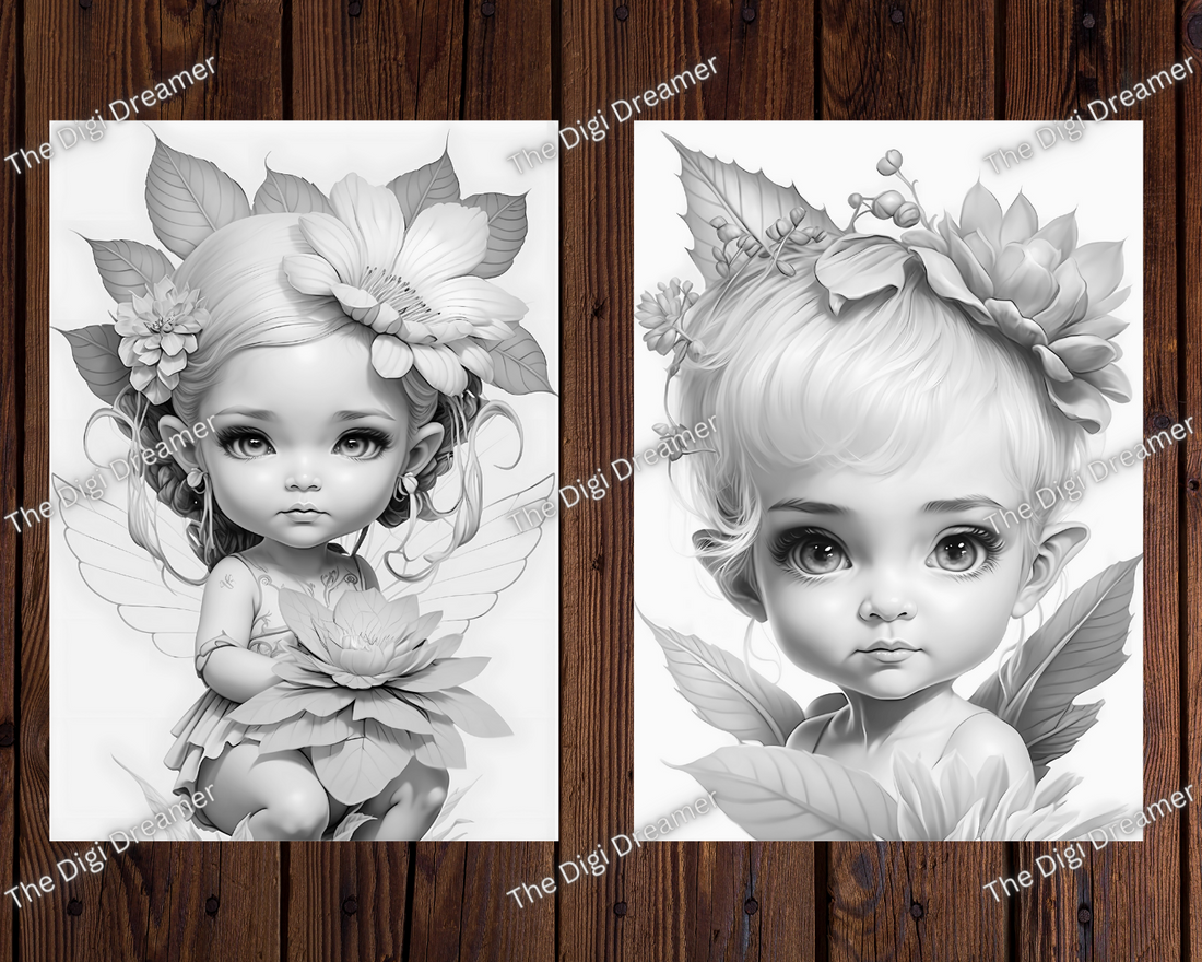 Cute Forest Baby Fairies Grayscale Coloring Pages