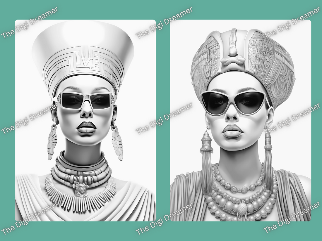 Egyptian Women in Sunglasses Grayscale Printable Coloring Pages For Adults