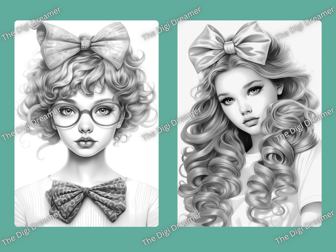 Girls With A Bow Grayscale Printable Coloring Pages For Adults & Kids