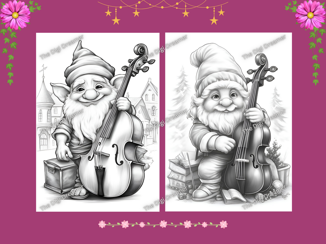 Charming Musical Gnomes Grayscale Coloring Pages For Adults & Kids