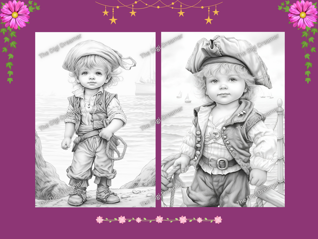 Ahoy Matey! Cute Little Pirate Babies Grayscale Coloring Pages For Adults & Kids