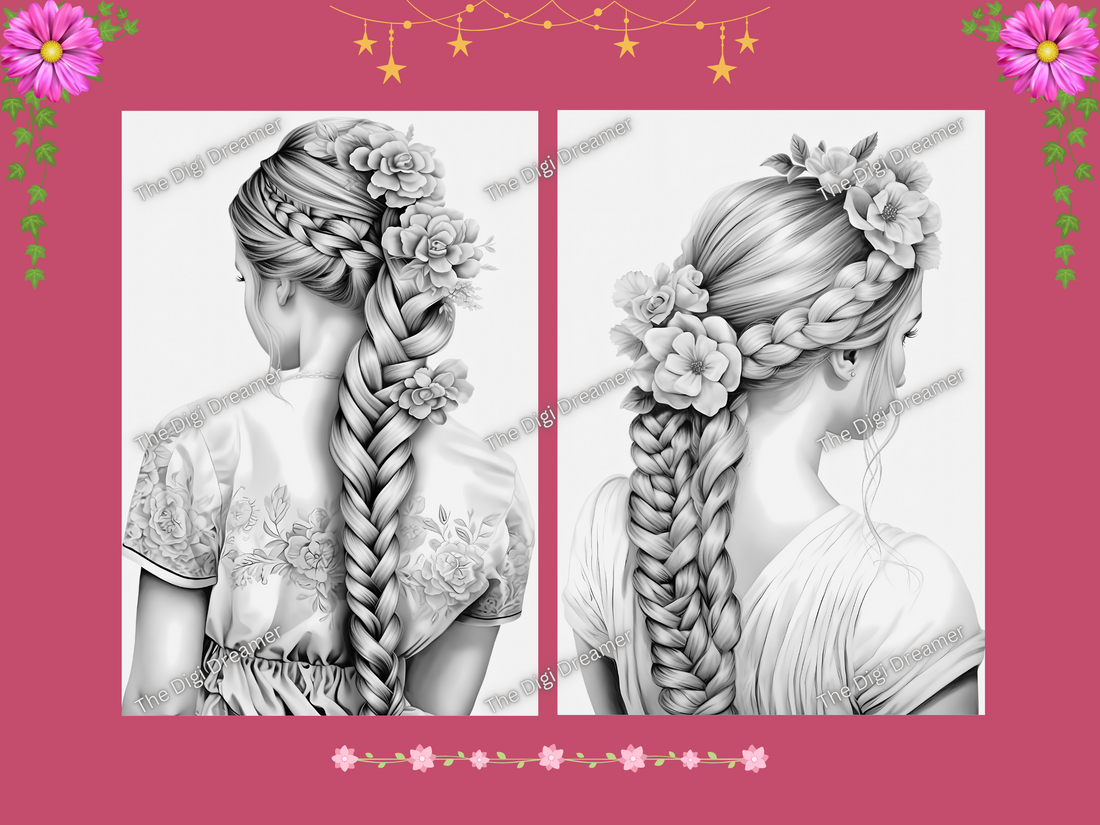 Flower Braid Hairstyles Grayscale Coloring Pages for Adults & Kids