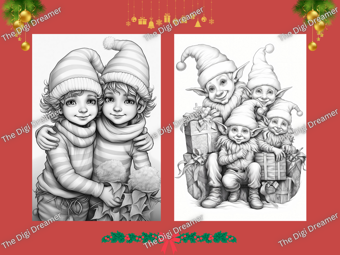 45 Christmas Elves Set 2-Printable Grayscale Coloring Pages, Digital download