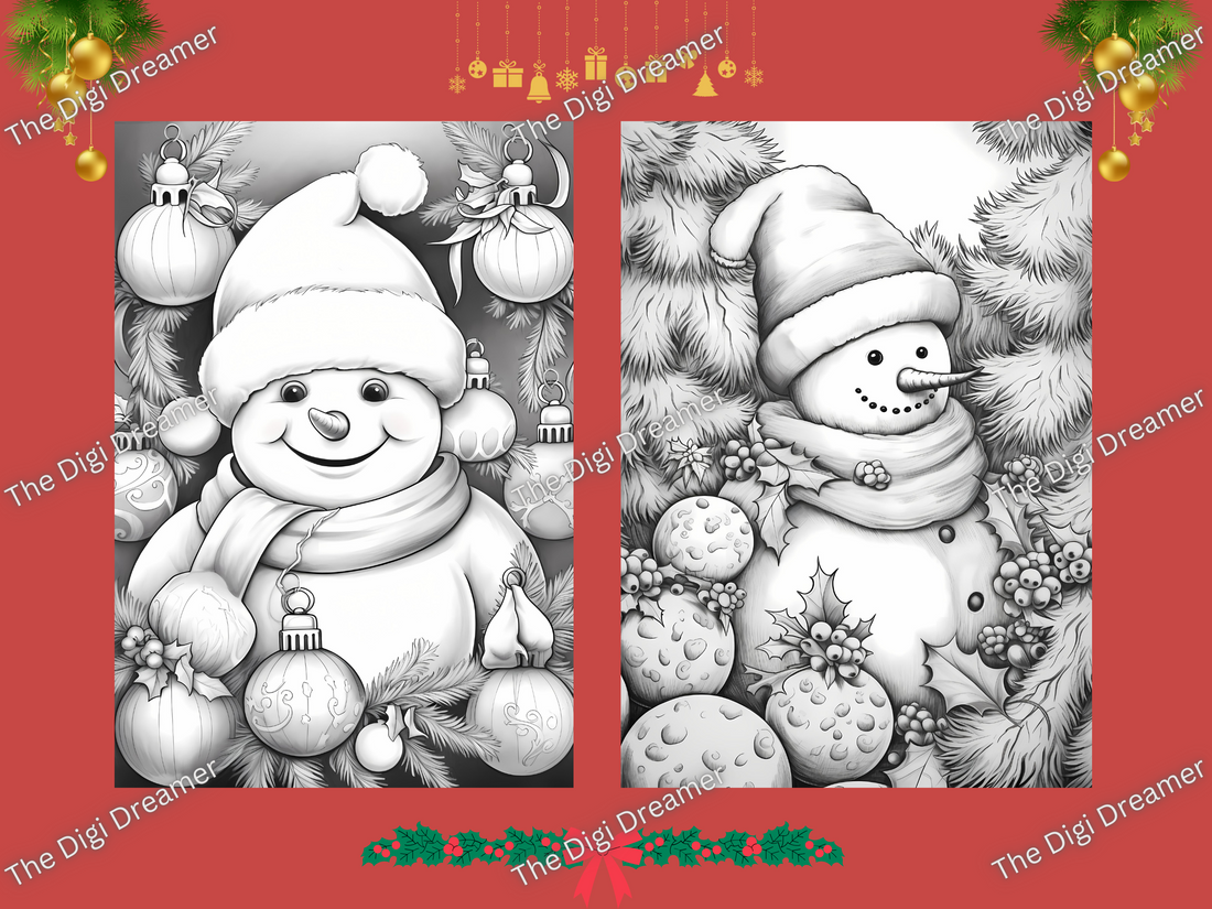 30 Christmas Snowmen Set 1-Printable Grayscale Coloring Pages, Digital download
