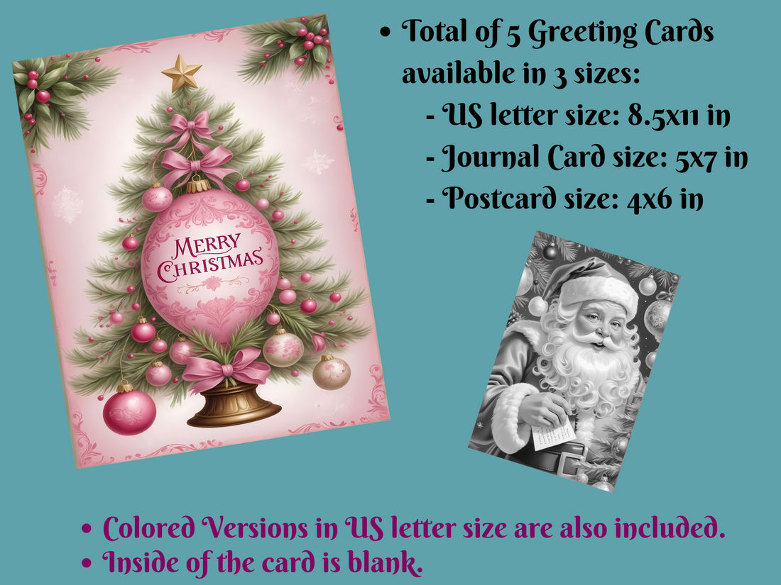 Christmas Coloring Greeting Cards Set 3-Pack of 5, Printable Greeting Cards, Digital Download