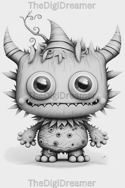 Funny Halloween Monsters-Grayscale Printable Coloring Pages For Adults & Kids