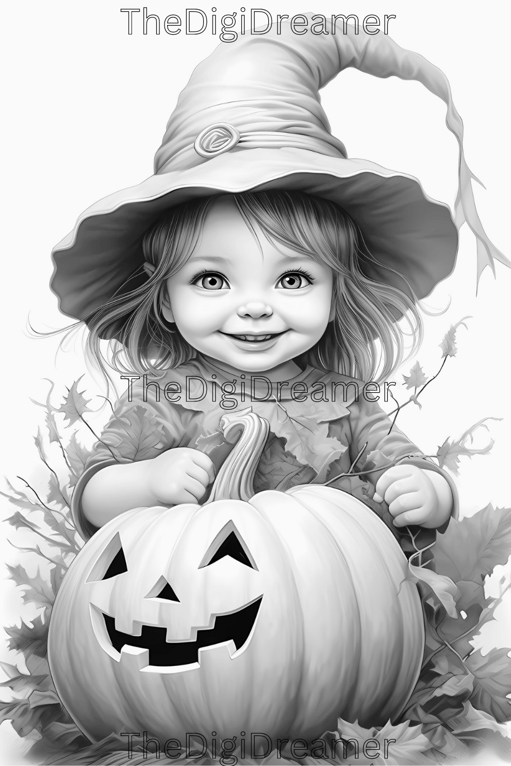 Cute Witches & Halloween-Printable Grayscale Coloring Pages, Digital download