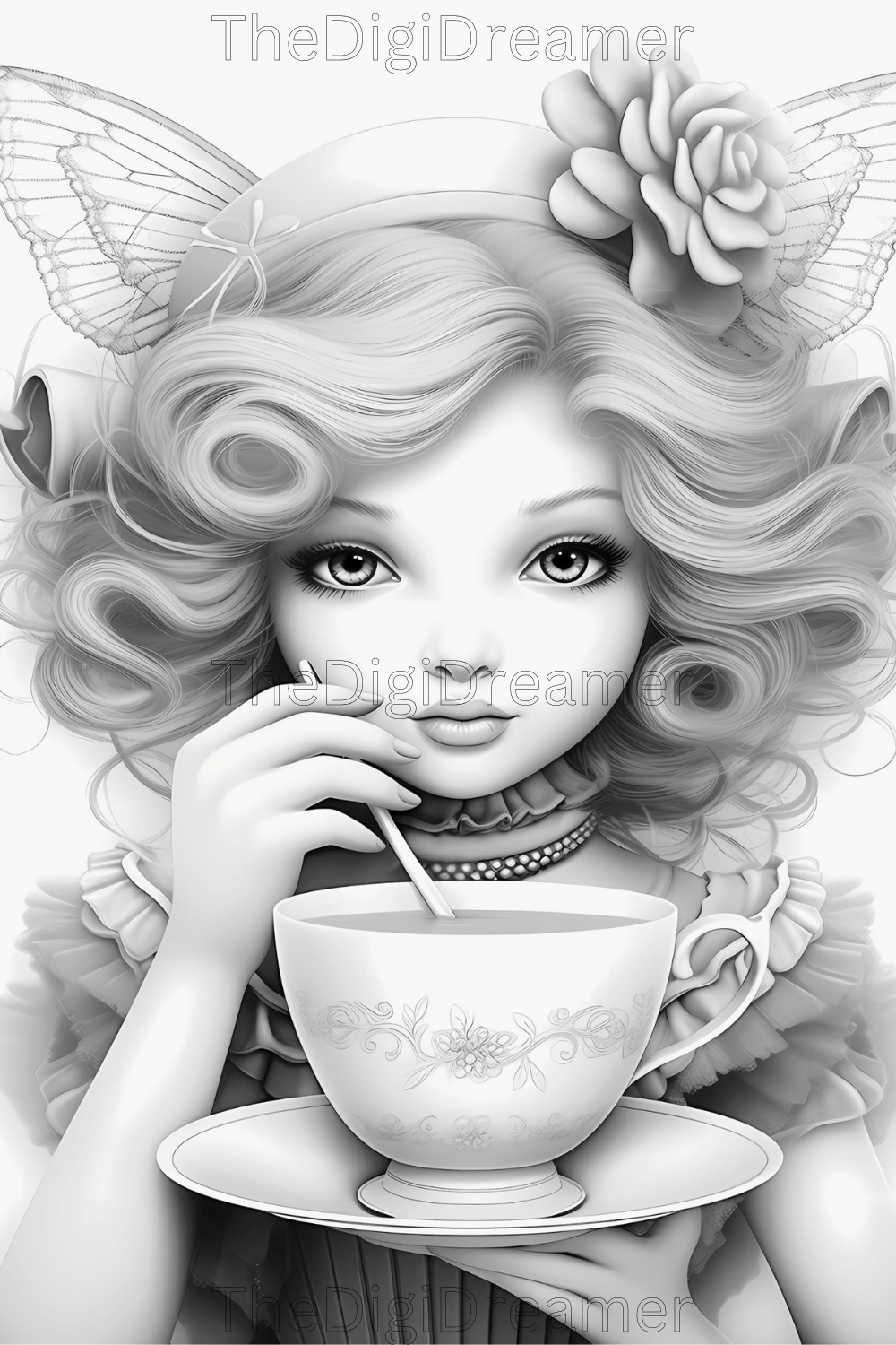 40 Tea Cup Fairies Set 1-Grayscale Printable Coloring Pages For Adults, Digital Download
