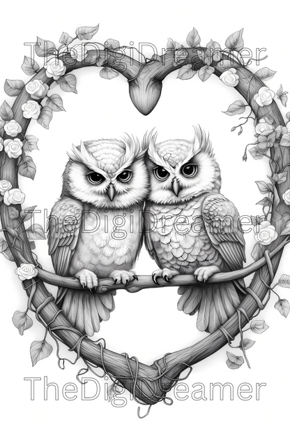 Lovey Dovey Birds Grayscale Coloring Pages