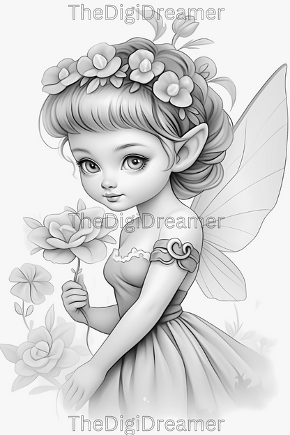 Garden Elf Fairies Grayscale Printable Coloring Pages, Digital Download