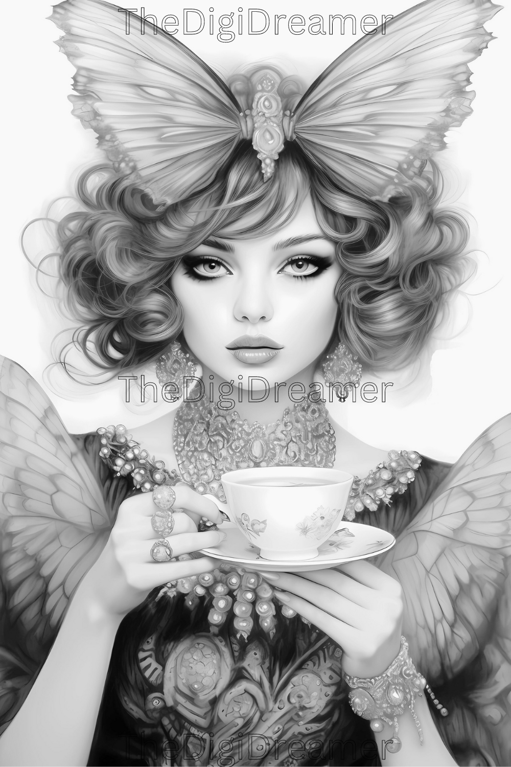 40 Tea Cup Fairies Set 2-Grayscale Printable Coloring Pages For Adults, Digital Download