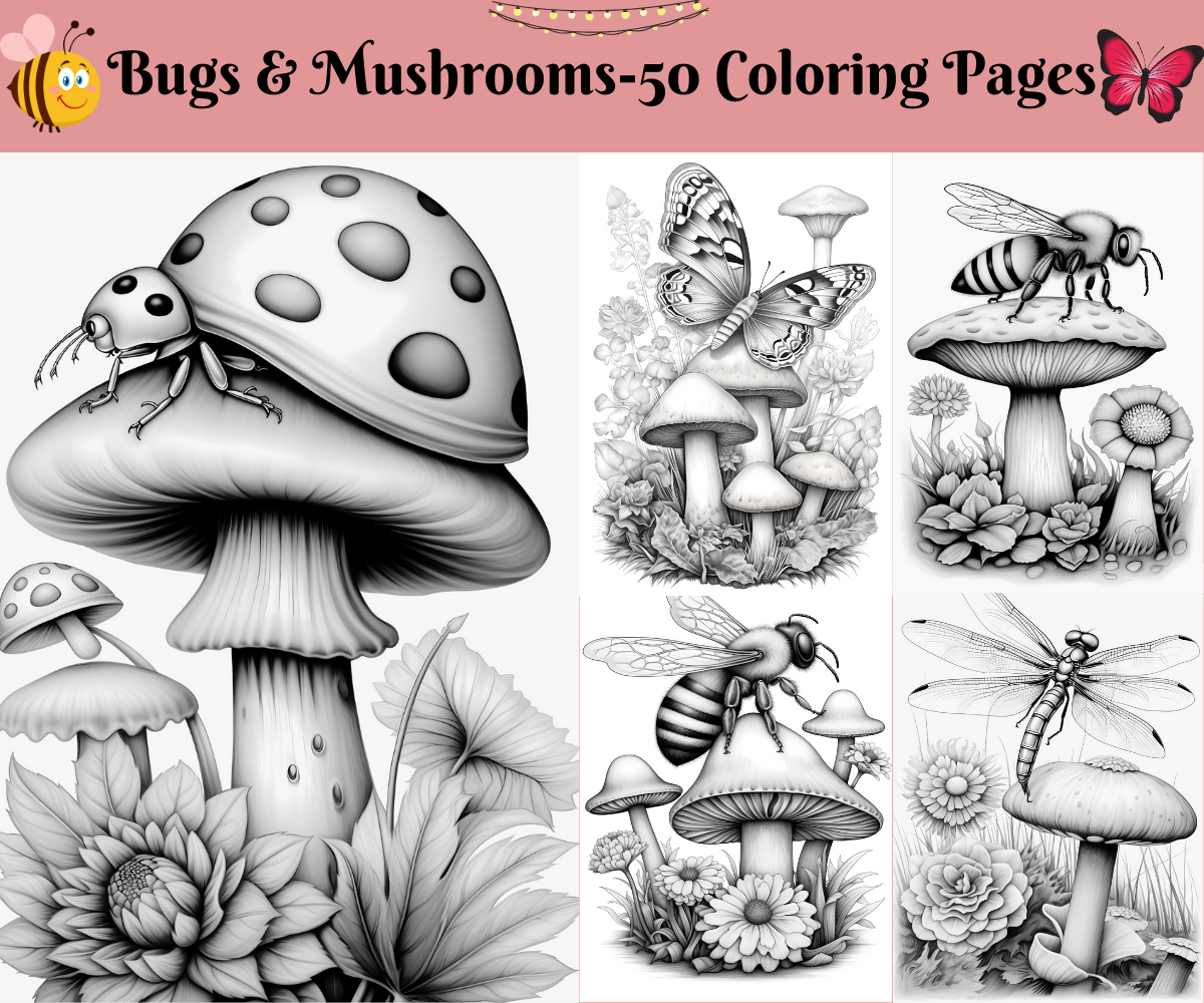 Bugs and Mushrooms-Grayscale Printable Coloring Pages, Digital Download