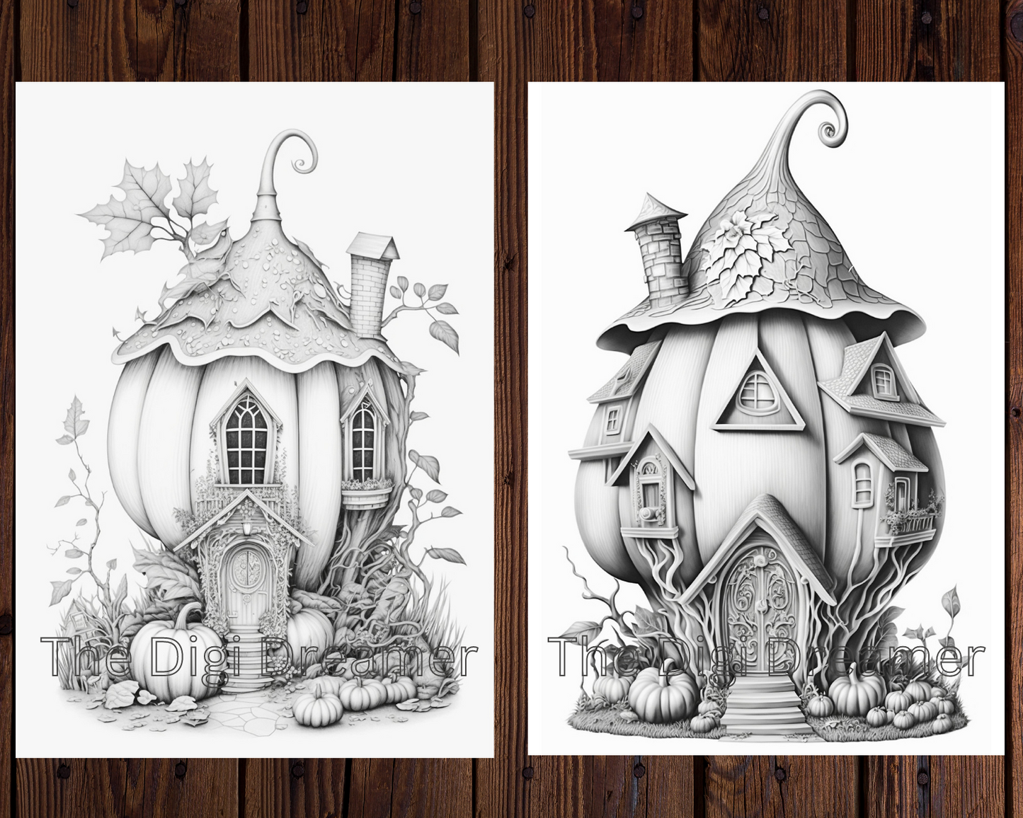 Whimsical Pumpkin Houses - Grayscale Printable Coloring Pages for Adults