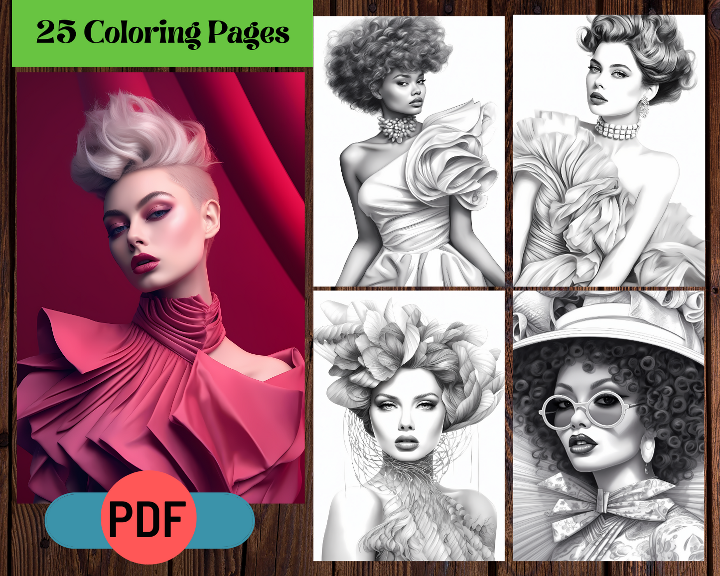 Fashionable Photoshoot Models Grayscale Coloring Pages For Adults