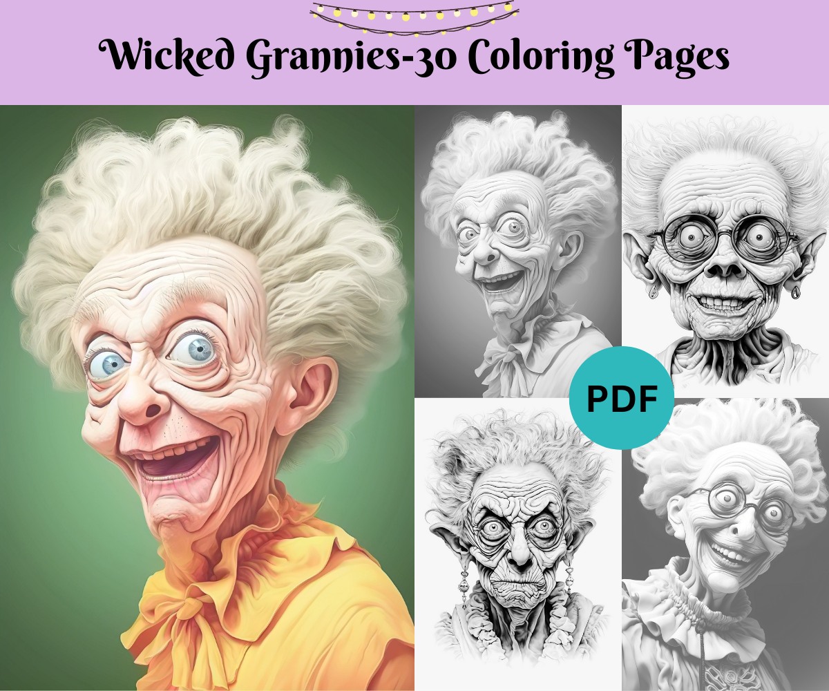 Böse Oma – Ausmalbilder in Graustufen zum Ausdrucken, digitaler Download
