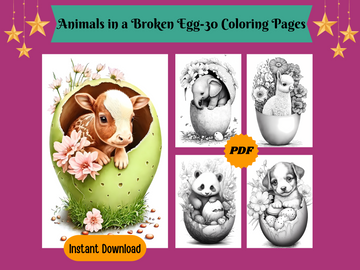 Animals in Broken Eggs Grayscale Coloring Pages