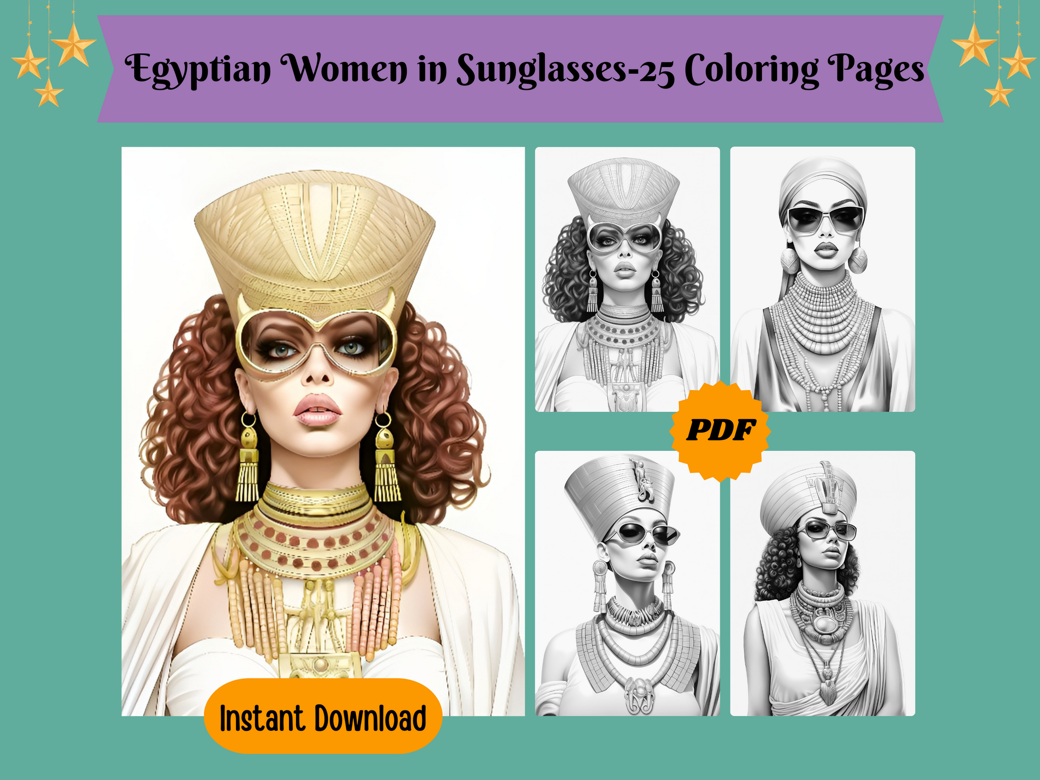 Ägyptische Frauen in Sonnenbrillen. Graustufen-Malvorlagen zum Ausdrucken für Erwachsene