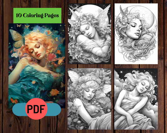 Beautiful Sleeping Fairies Grayscale Coloring Pages For Adults