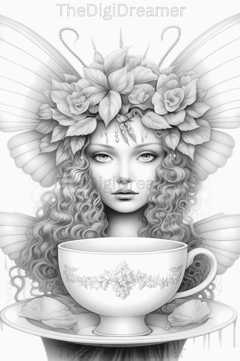 40 Tea Cup Fairies Set 1-Grayscale Printable Coloring Pages For Adults, Digital Download