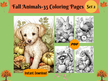 Herbsttiere Set2-Druckbare Graustufen-Malseiten, digitaler Download