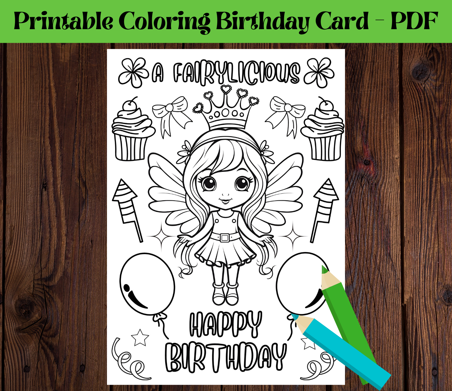 Druckbare Feen-Geburtstagsgrußkarte zum Ausmalen für Kinder, DIY-Geburtstagsgeschenk