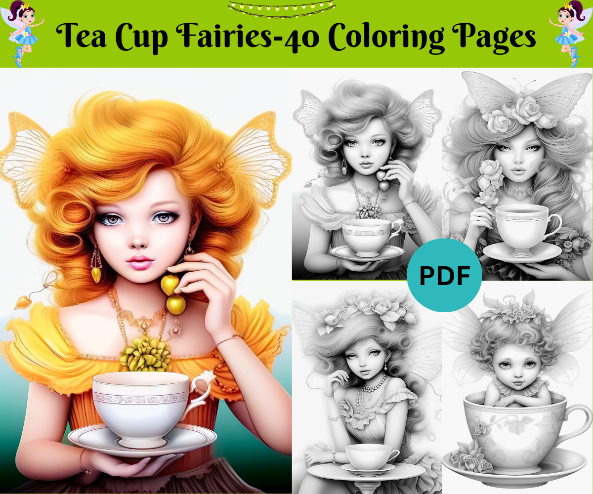 40 Teetassen-Feen-Set 1 – druckbare Malvorlagen in Graustufen für Erwachsene, digitaler Download