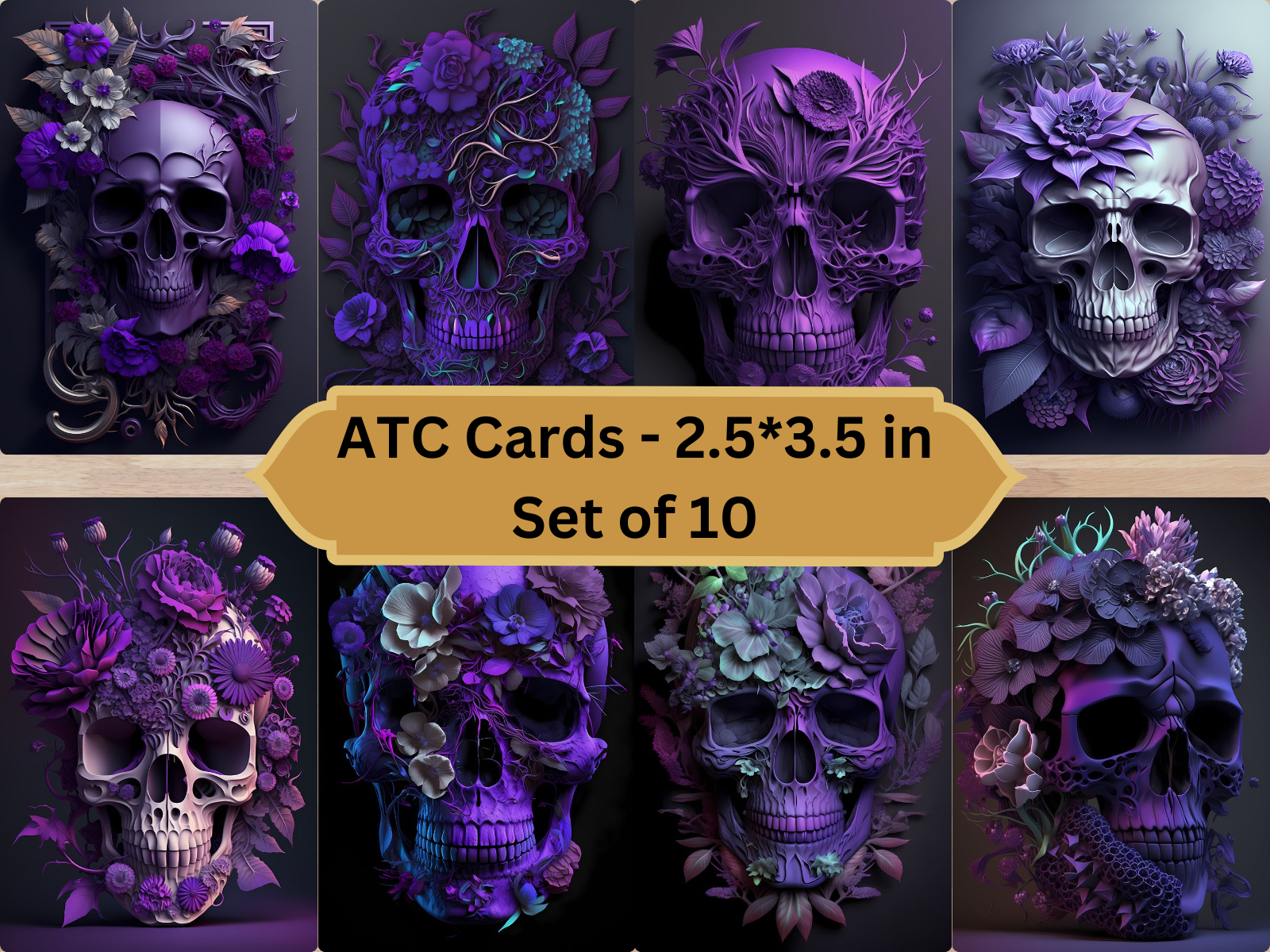 Druckbare ATC-Karten mit Totenkopf-Blumen