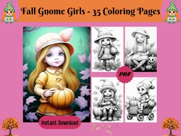 Herbst-Gnome-Mädchen – druckbare Graustufen-Malseiten, digitaler Download