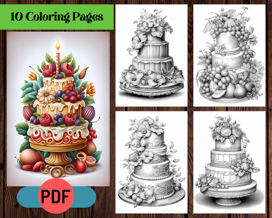 Whimsical Cakes Printable Grayscale Coloring Pages For Adults Volume 2
