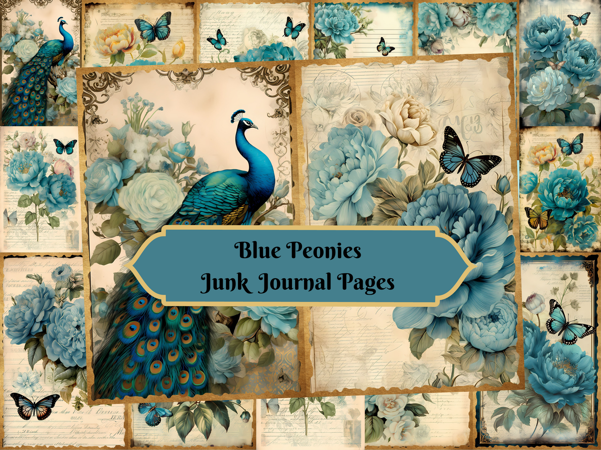 Blue Peonies - Printable Junk Journal Pages, Digital Download