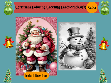 Festive Christmas Coloring Greeting Cards Set 2-Pack of 5, Printable Greeting Cards, Digital Download