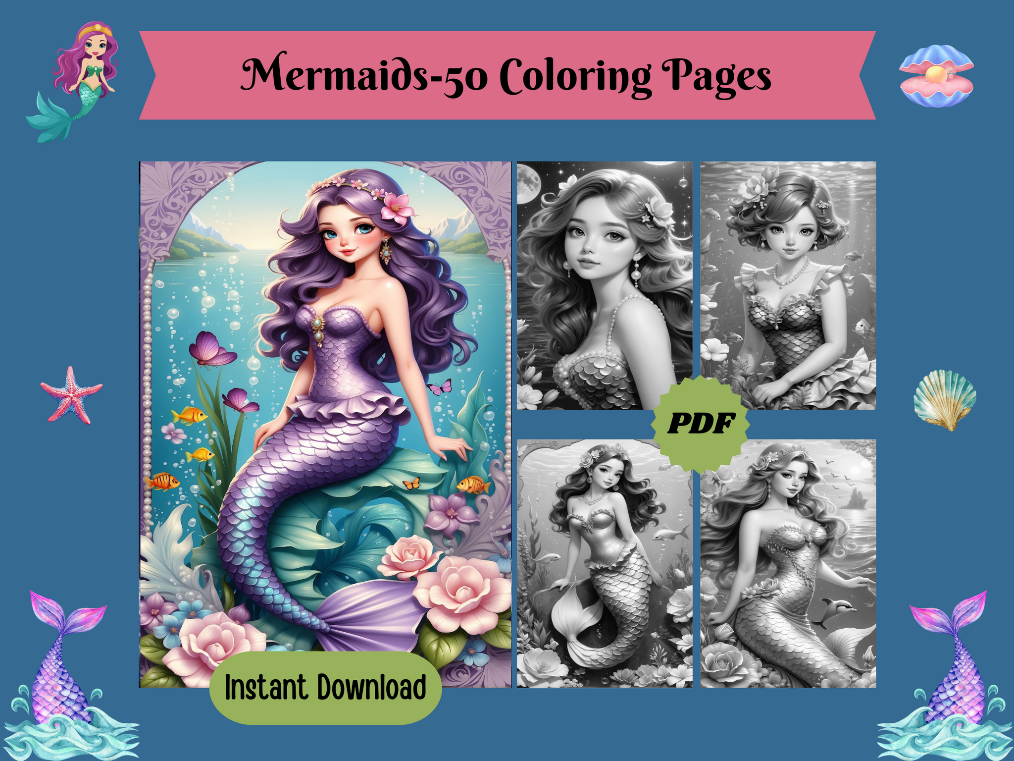 Beautiful Mermaids-50 Printable Grayscale Coloring Pages, Digital download