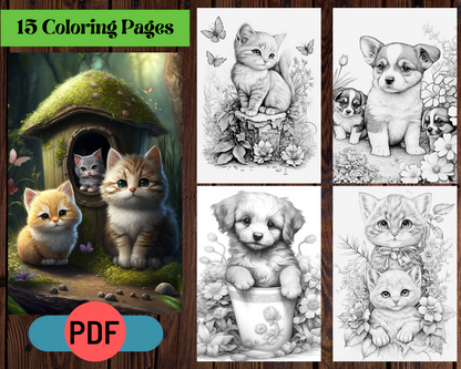Adorable Cute Puppies And Kittens Grayscale Coloring Pages