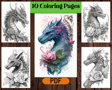 Fantasy Dragons and Flowers Grayscale Printable Coloring Pages