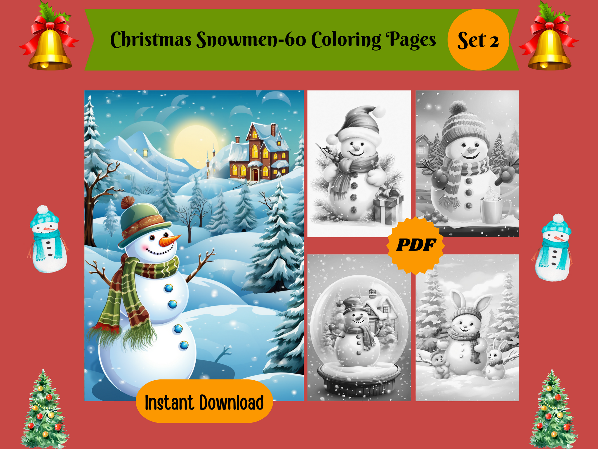 60 Christmas Snowmen Set 2-Printable Grayscale Coloring Pages, Digital download