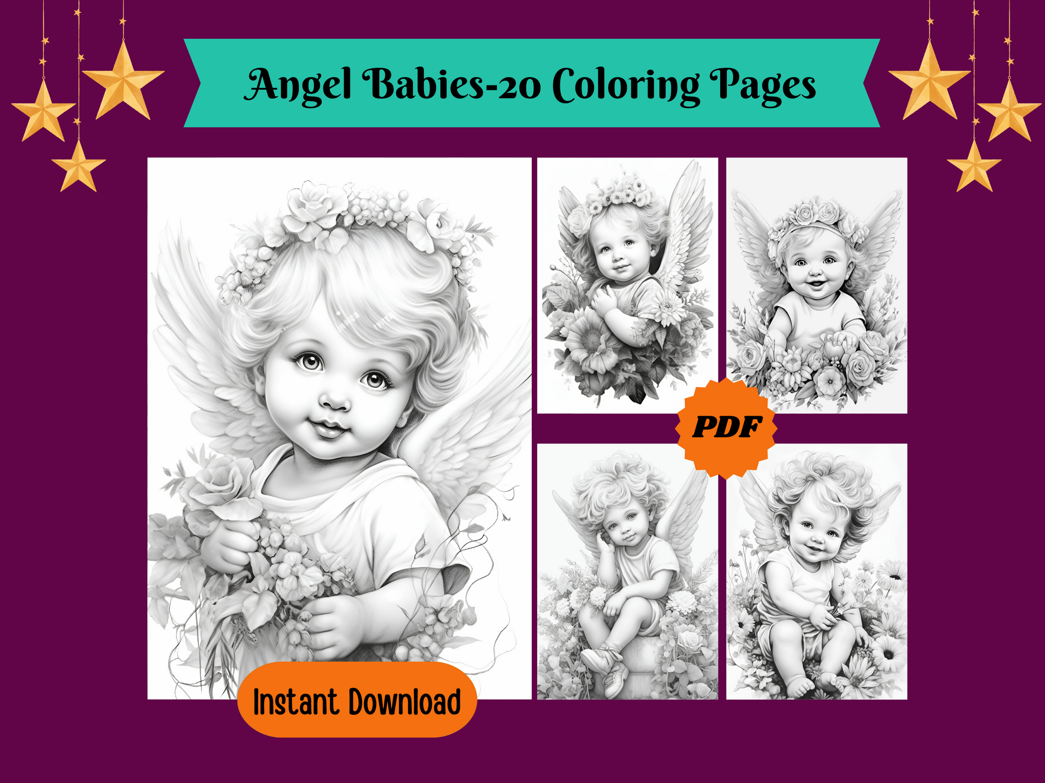 Adorable Fairy Angel Babies Grayscale Coloring Pages