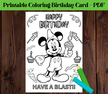 Druckbare Mickey-Mouse-Geburtstagsgrußkarte zum Ausmalen, DIY-Geburtstagsgeschenk