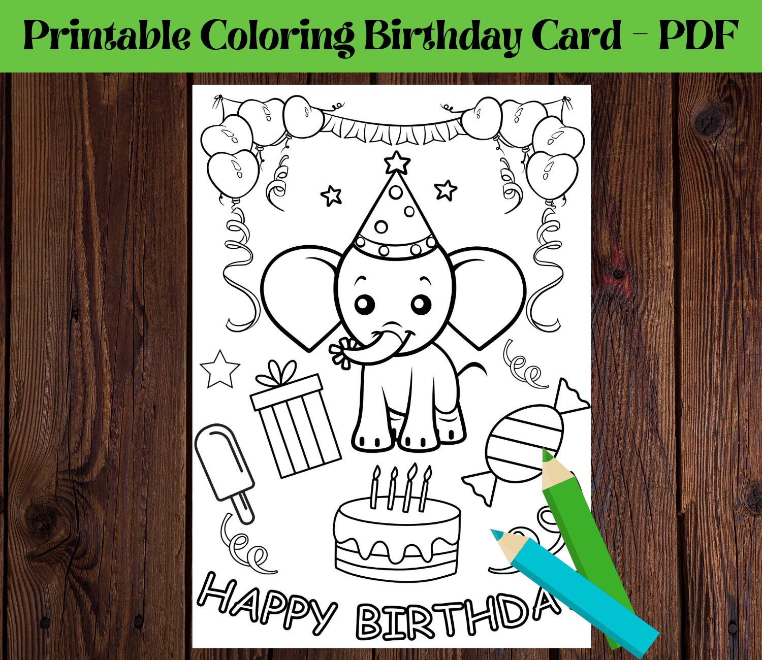 Druckbare Elefanten-Geburtstagsgrußkarte zum Ausmalen für Kinder, DIY-Geburtstagsgeschenk
